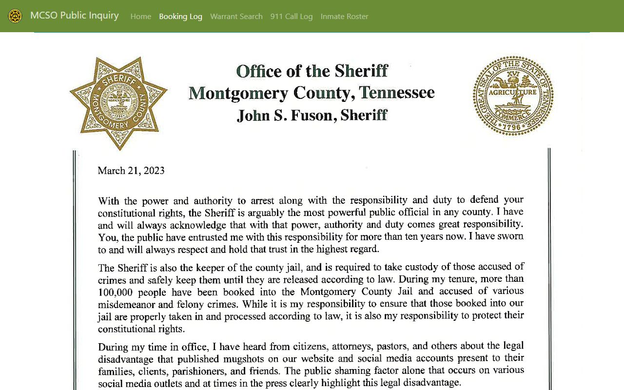 Montgomery County Sheriff's Office booking log of recent arrest records