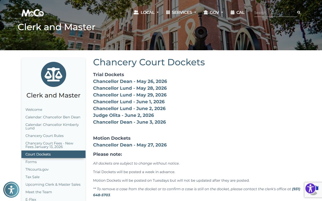 Montgomery County Chancery Court trial and motion docket lists