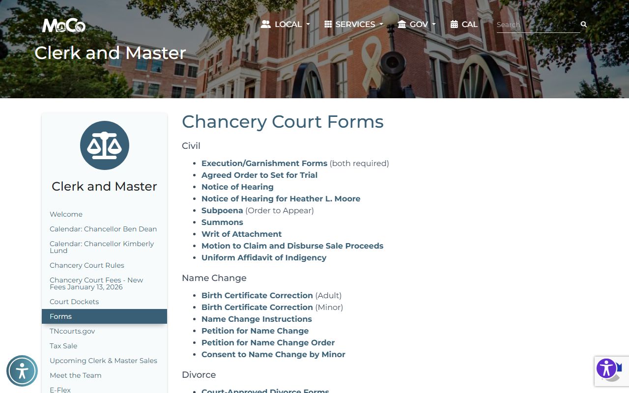 Montgomery County Chancery forms list including probate and estate forms