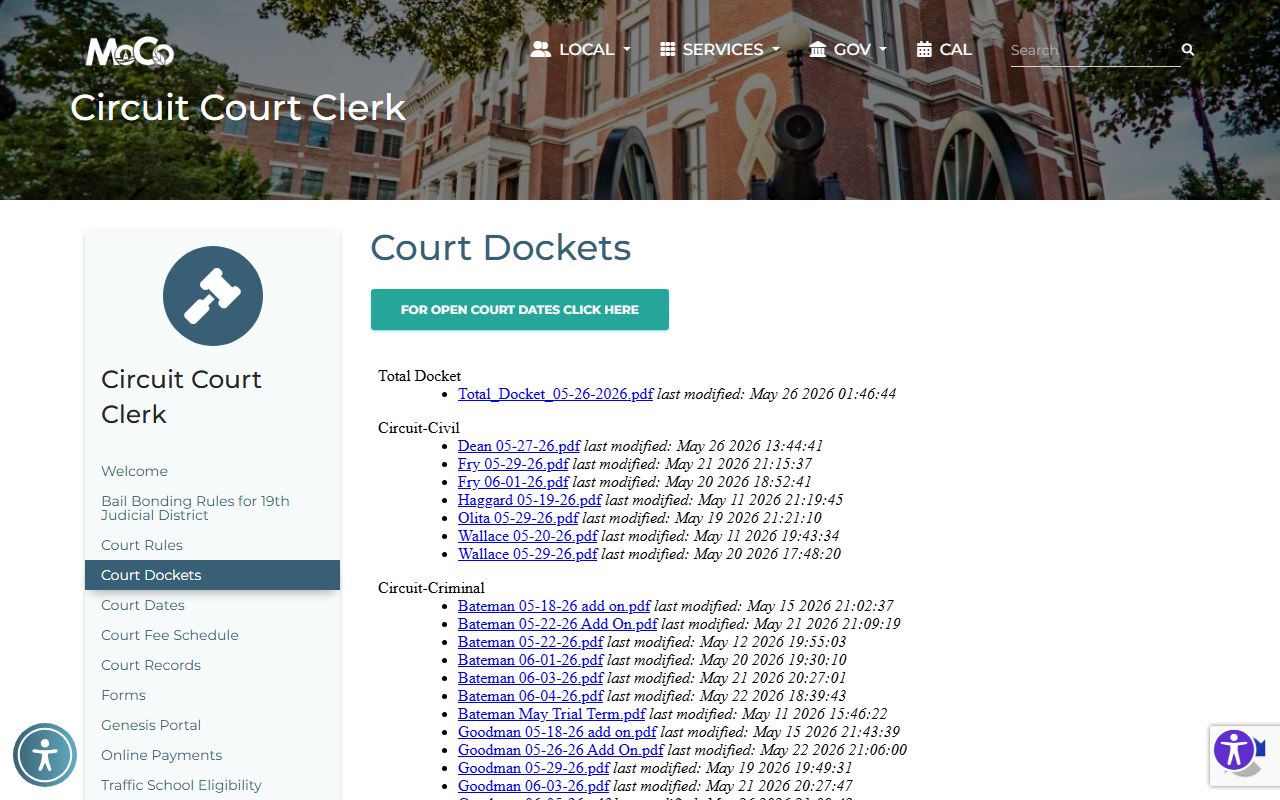 Montgomery County Circuit Court dockets page with court-date calendar