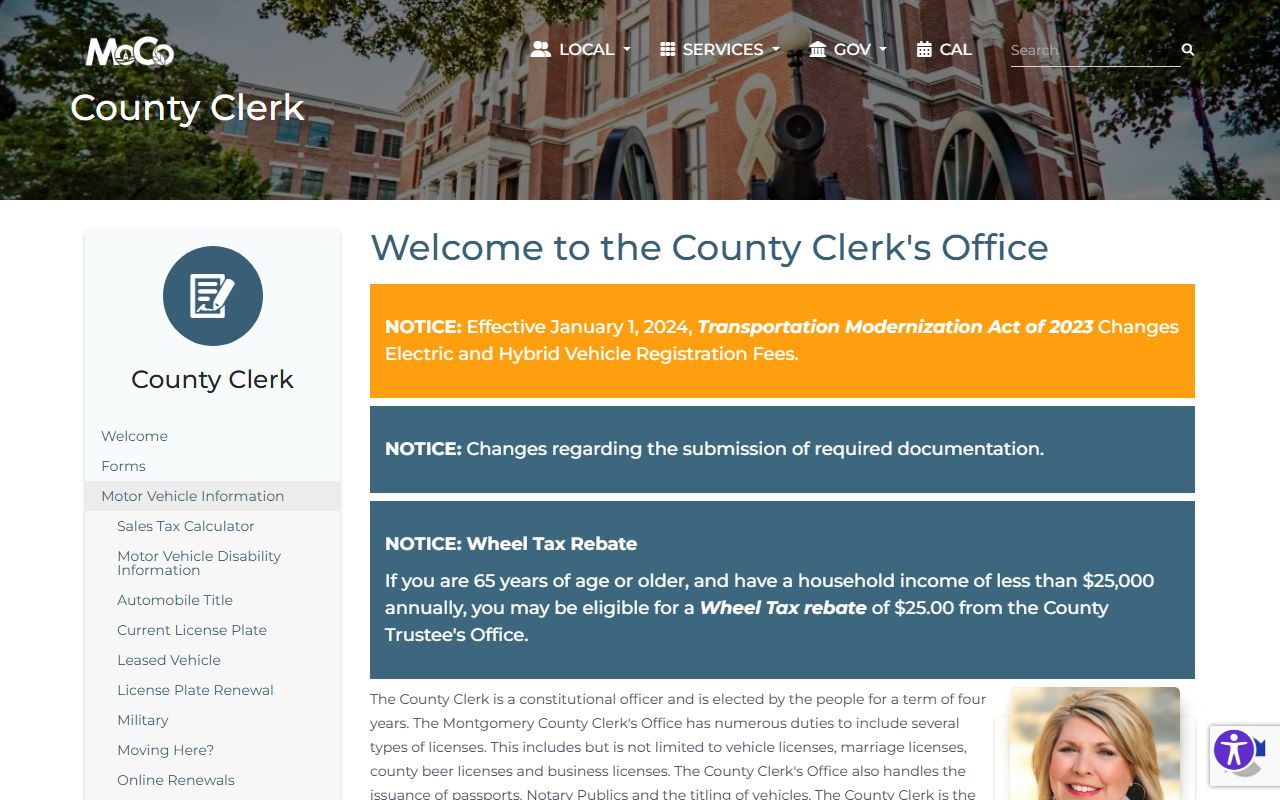 Montgomery County Clerk page with Teresa Cottrell profile and license functions