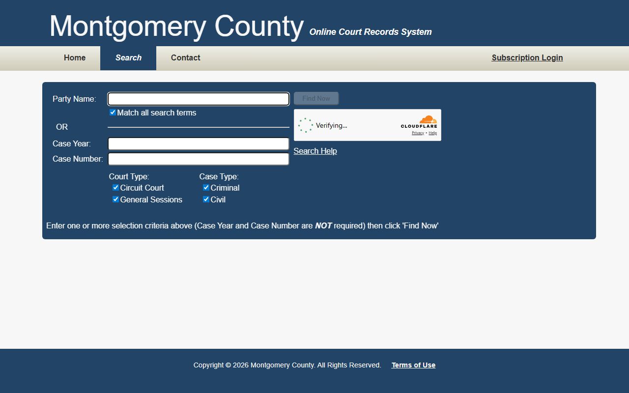 Montgomery County court records case search form with party name, case year, case number, court type, and case type fields