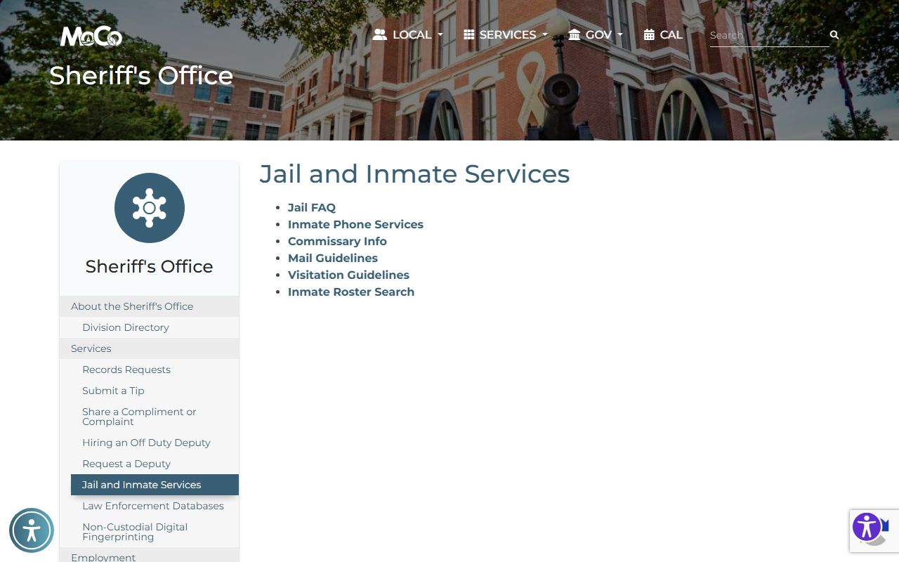 Montgomery County Sheriff jail and inmate services landing page