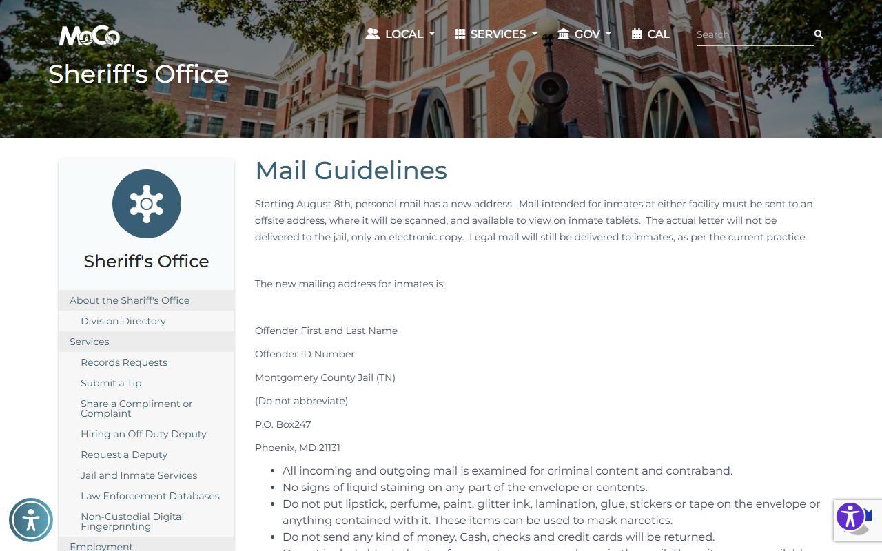 Montgomery County jail mail scanning address and banned items list