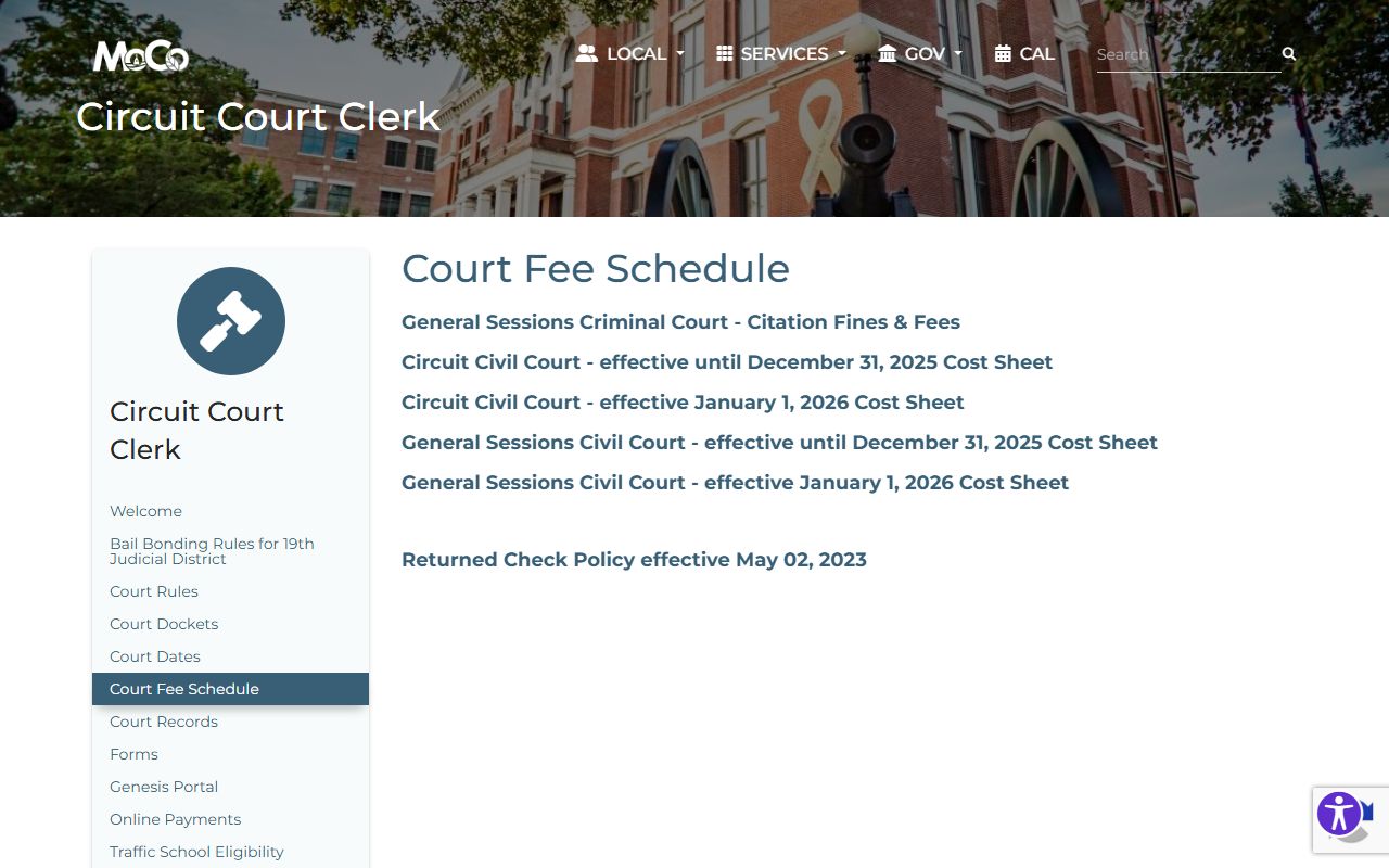 Montgomery County Circuit Court Clerk fee schedule page