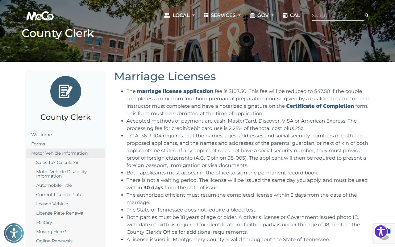 Montgomery County Clerk marriage license page with fee and application links