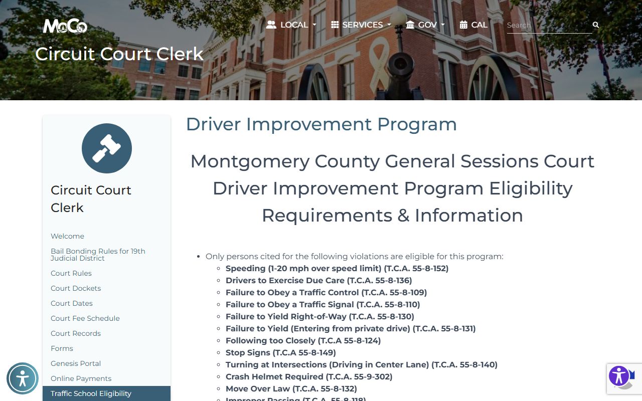 Montgomery County General Sessions driver improvement program eligibility page