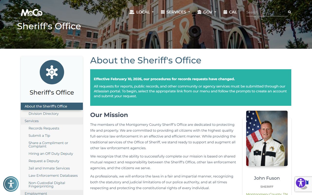Montgomery County Sheriff's Office page with jail and inmate records links