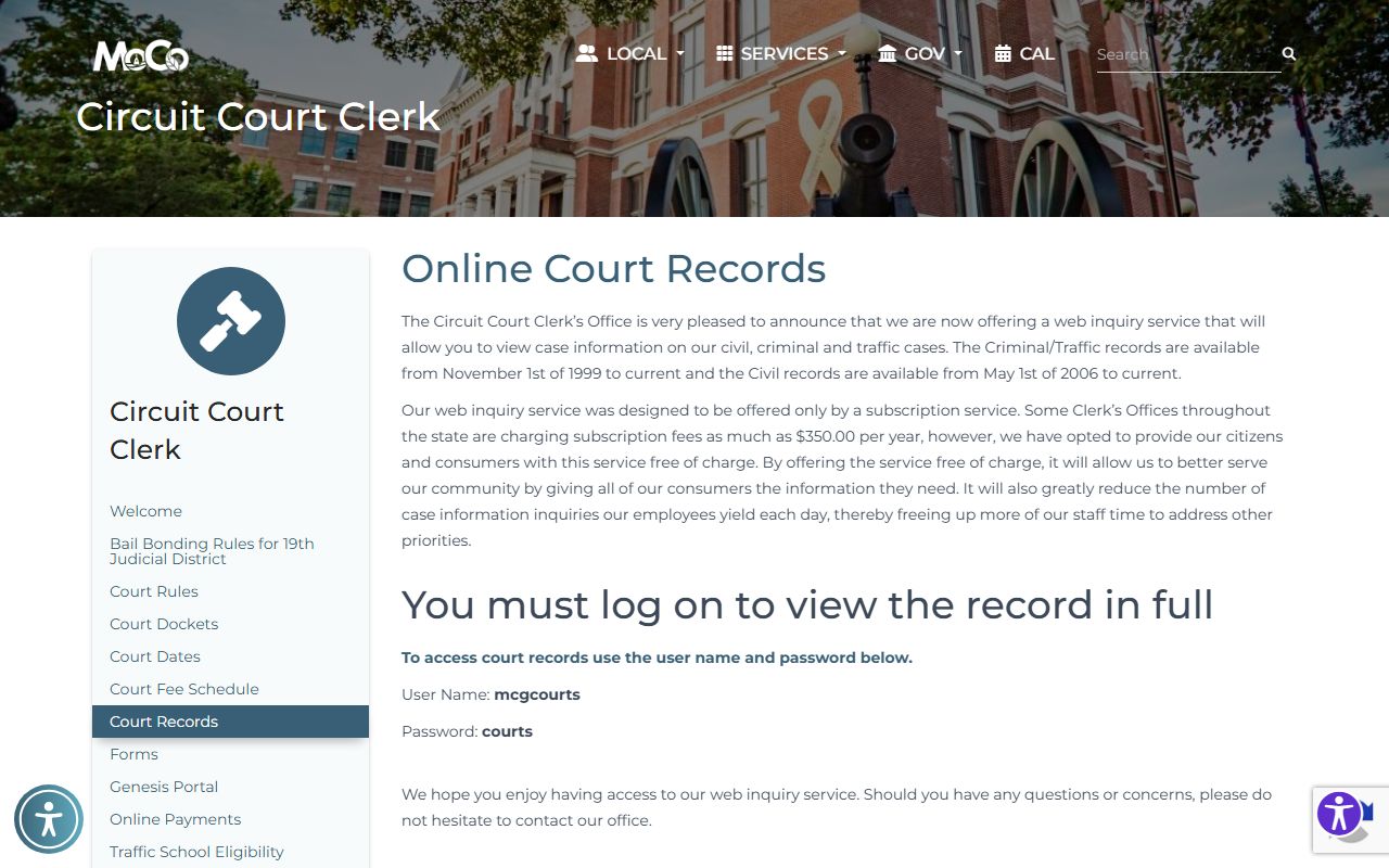 Montgomery County court records page showing coverage dates and login notice