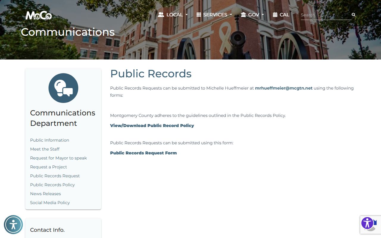 Montgomery County public records page with request form and policy links