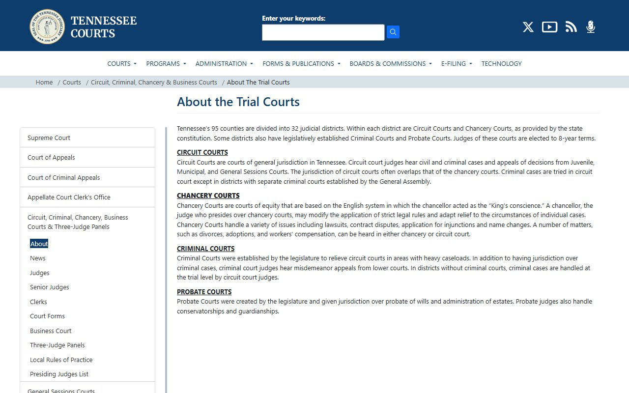 Tennessee courts page explaining Circuit, Chancery, Criminal, and Probate Courts