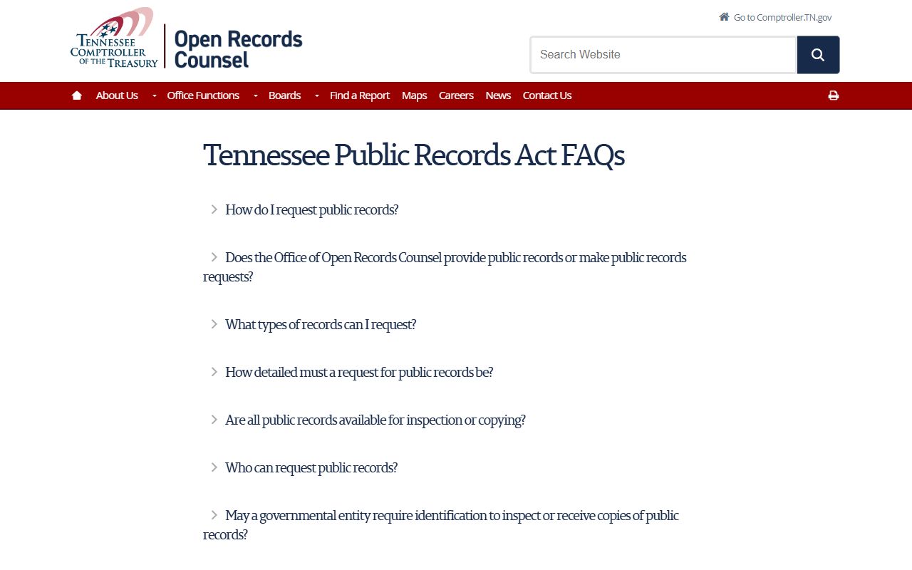 Tennessee Comptroller public records FAQ for Montgomery County requests