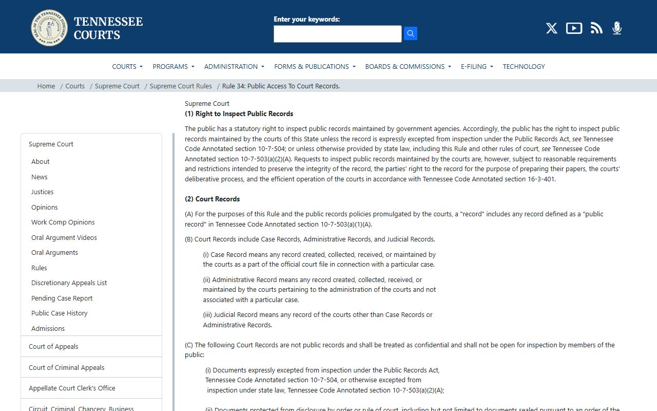 Tennessee Supreme Court Rule 34 on public access to Montgomery County court records