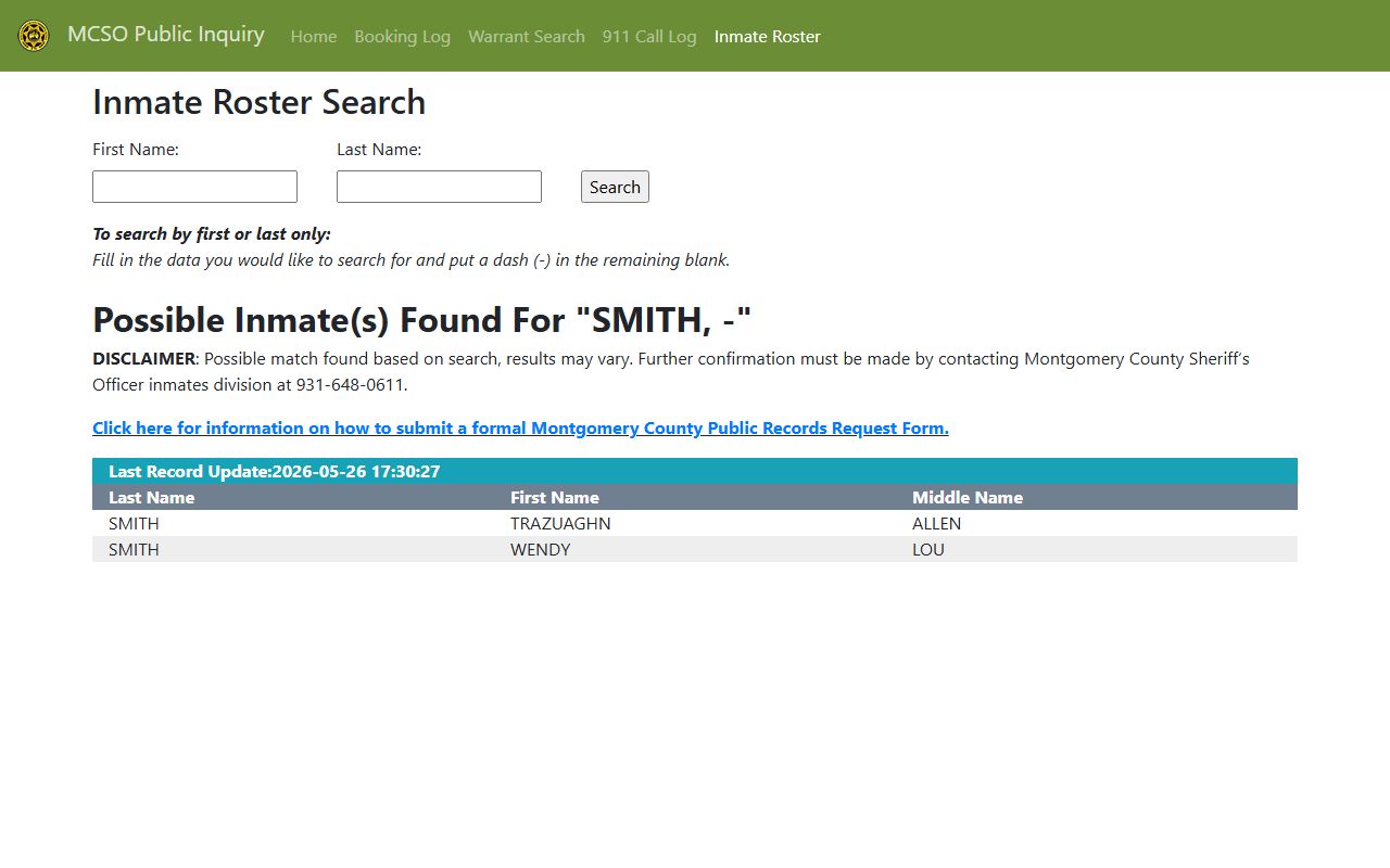 Montgomery County inmate roster result columns for a last-name search