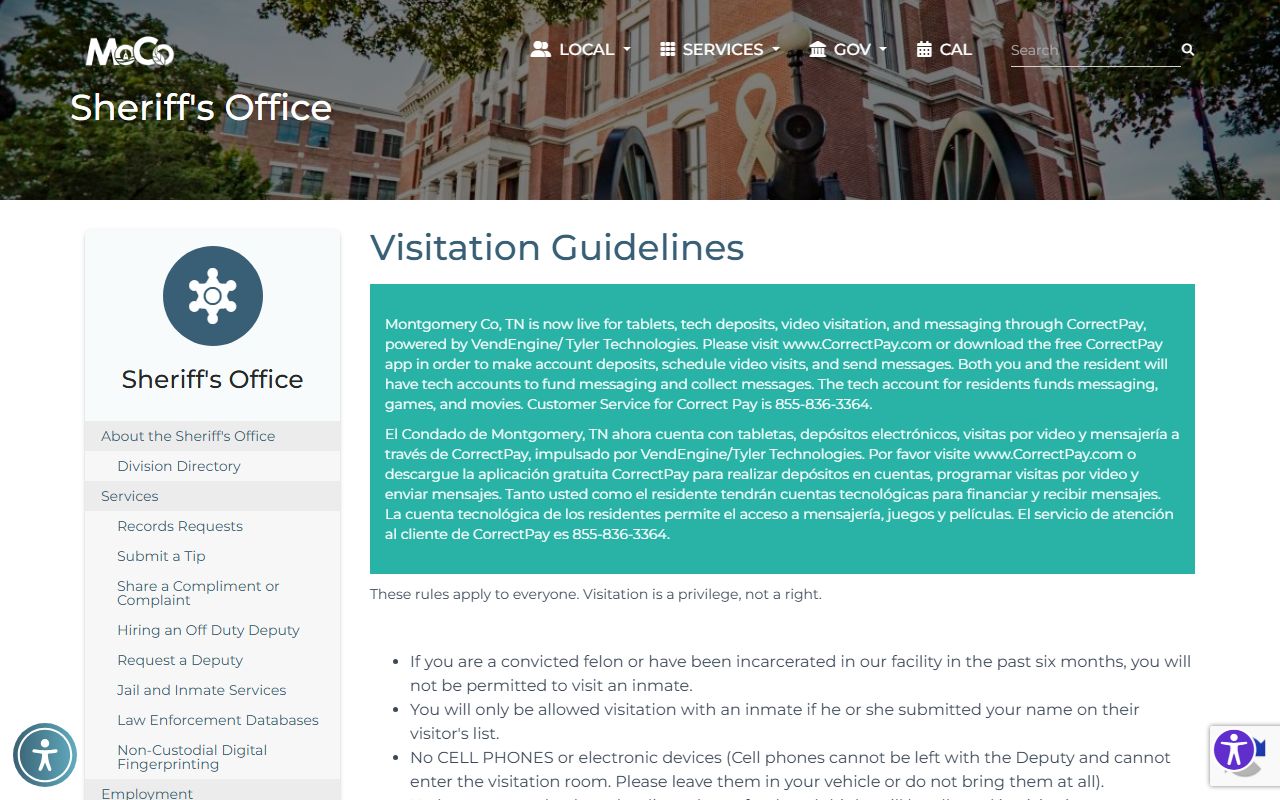 Montgomery County jail visitation rules and CorrectPay video visit instructions