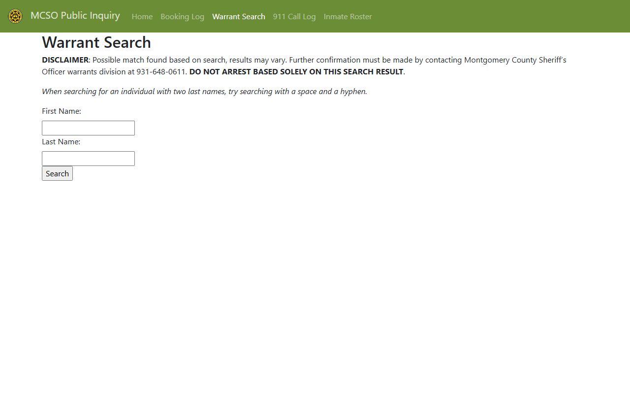 Montgomery County Sheriff's Office warrant search form and warning